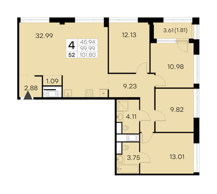 4-комнатная квартира 101.8 м², 15/19 эт., ЖК «GloraX Aura Vasileostrovsky»